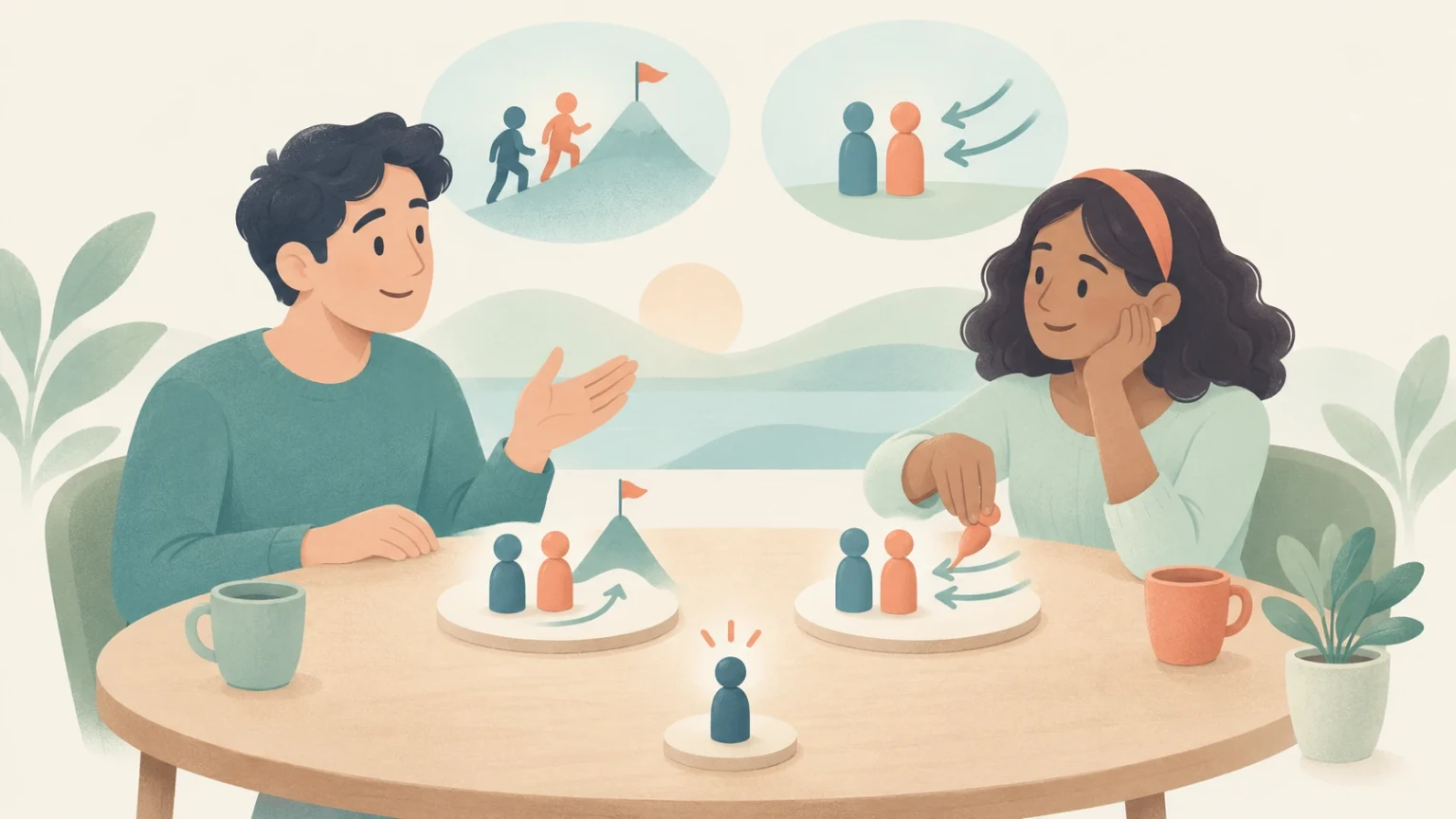 Two people discuss paired figures, a mountain goal, and directional arrows at a table, with a single figure in front suggesting a comparison.