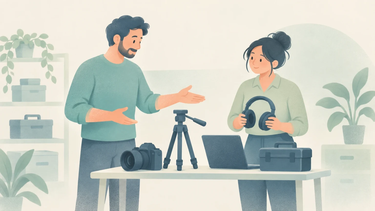 Two adults discuss equipment at a table with a camera, tripod, laptop, and carrying case, while one holds headphones.