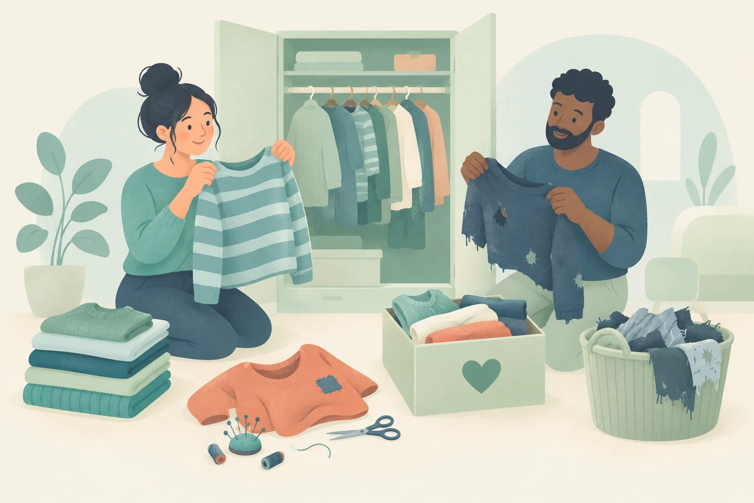 Two people sort clothes beside an open wardrobe, with folded garments, a heart-marked donation box, a patched shirt and sewing supplies, and a basket of worn textiles.