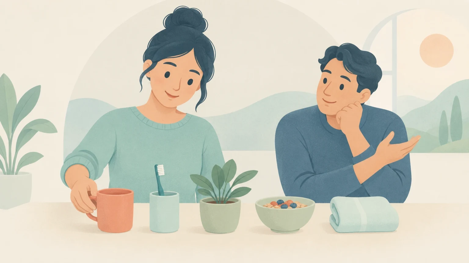 Two people sit at a table with a mug, toothbrush, potted plant, cereal bowl, and folded towel in a softly colored domestic scene.