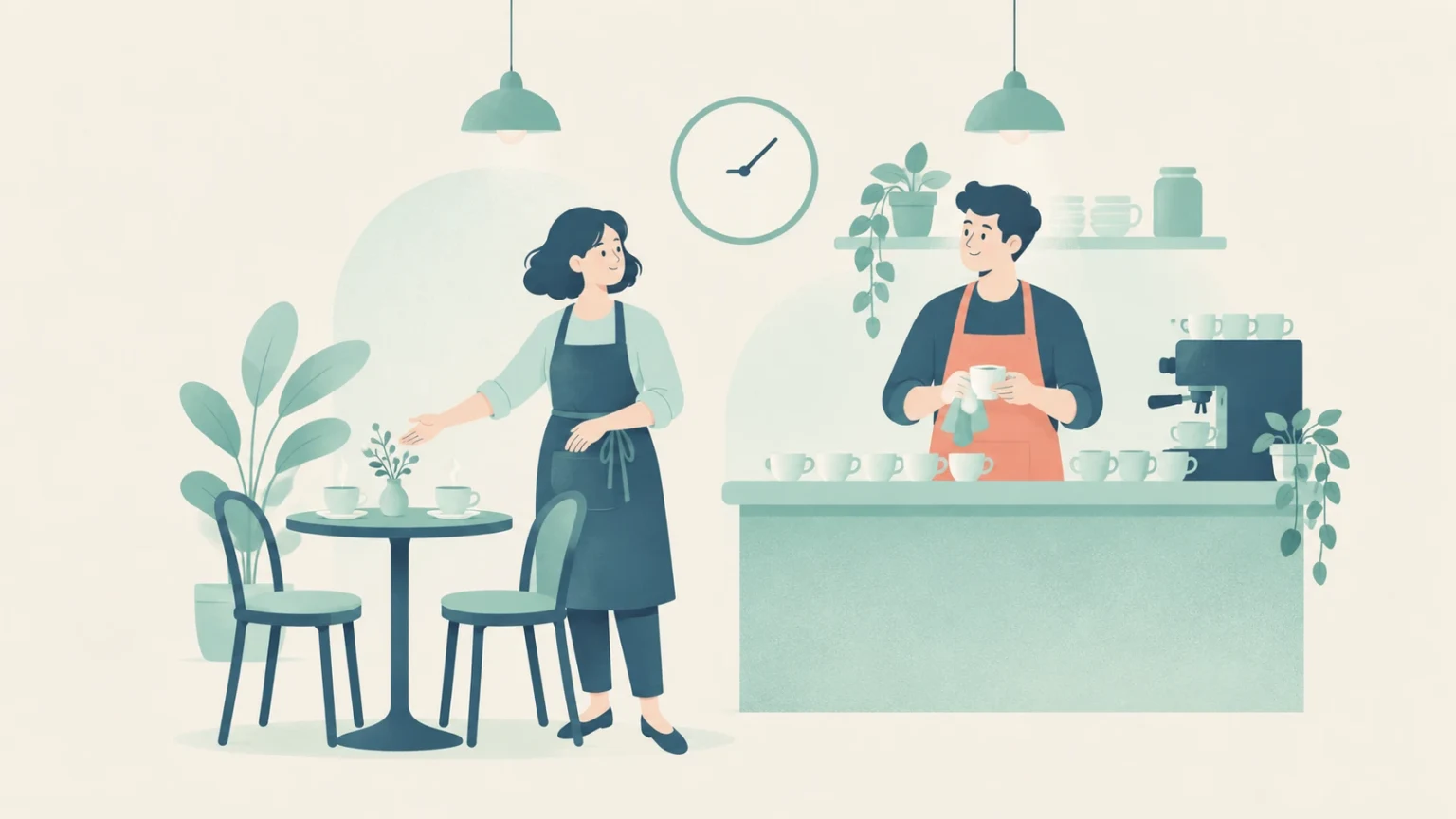 Two apron-wearing café workers prepare a welcoming space with cups, a coffee machine, plants, a small table, and a wall clock.