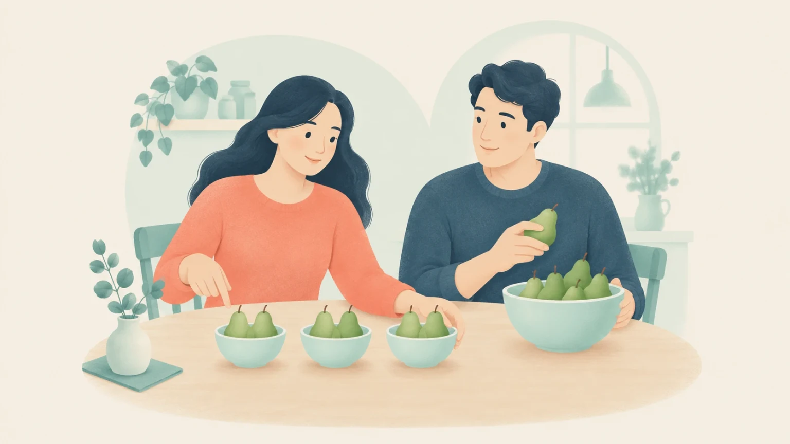 Two people arrange pears at a table, with three small bowls holding two pears each and a larger bowl of pears beside them.
