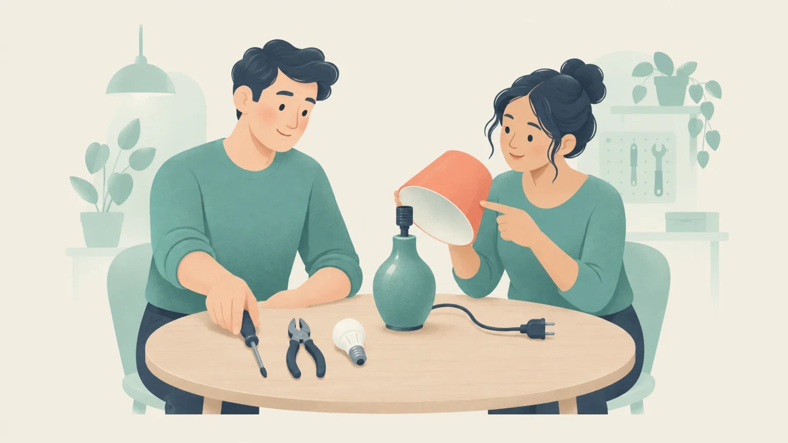 Two people work together to repair an unplugged table lamp, with a lampshade, light bulb, screwdriver, and pliers on the table.