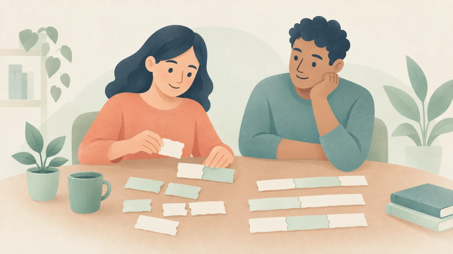 Two people sit at a table arranging torn cream and green paper strips into complete rows, illustrating how fragments can be joined together.