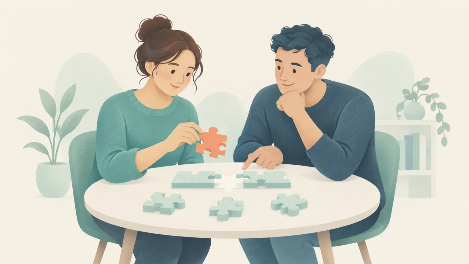 Two people assemble a jigsaw puzzle at a round table, with one holding an orange piece while the other points to an open space.