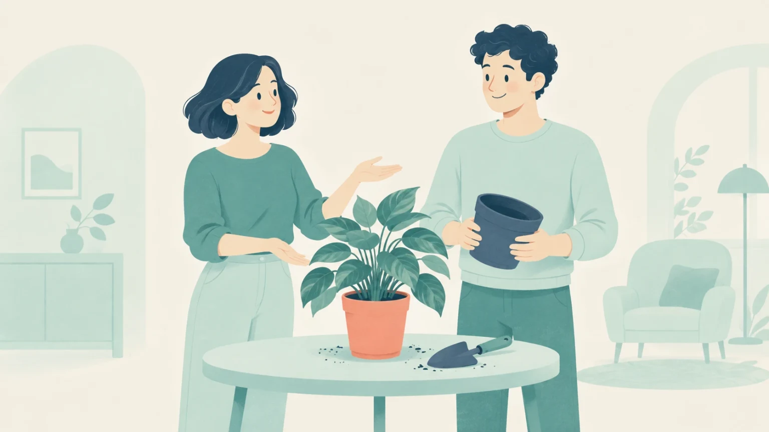 Two people stand beside a freshly potted houseplant on a table with scattered soil and a trowel; one holds an empty pot.