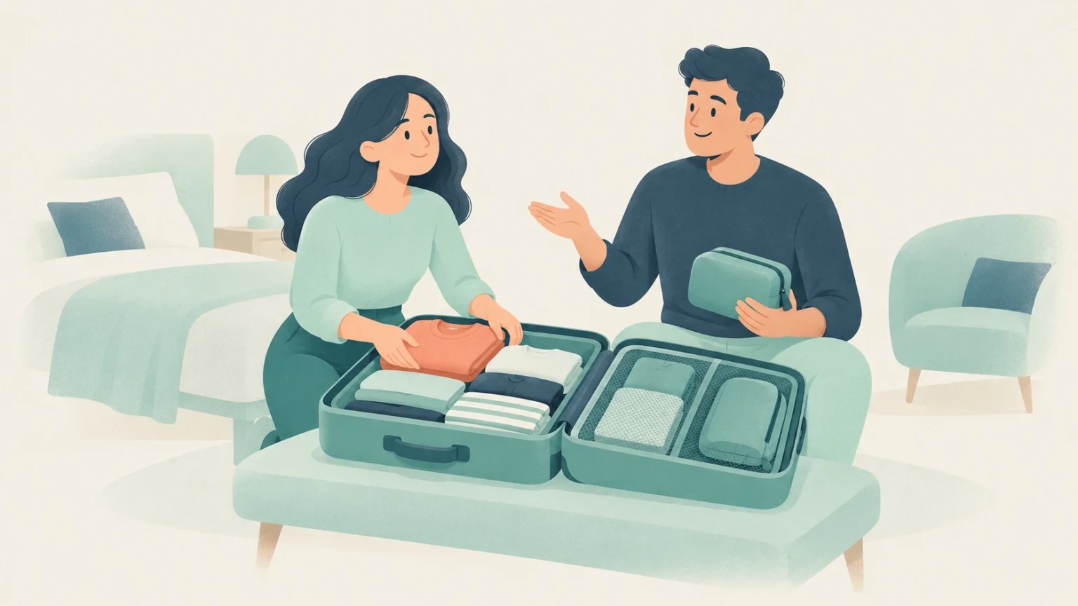 A man and a woman pack a suitcase together in a bedroom, organizing folded clothes and travel pouches for a trip.