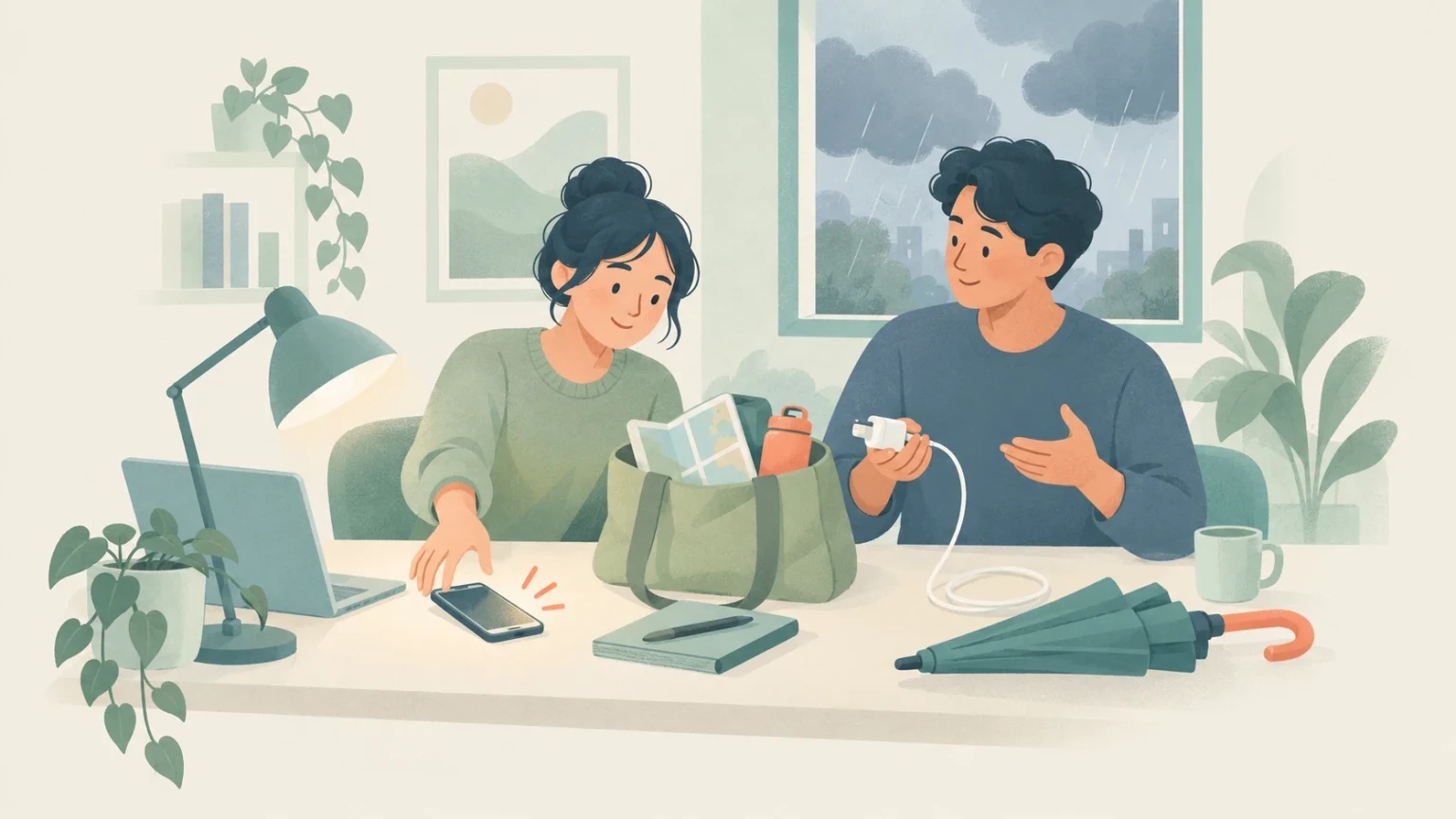 Two colleagues sit at a workspace desk with a lamp, bag, and umbrella as one holds a power cable and rain falls outside.