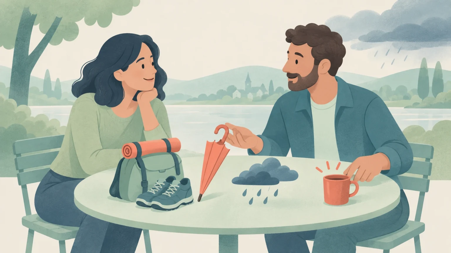 Two friends converse at an outdoor table beside a lake, with hiking gear, a folded umbrella, a mug, and rain symbols suggesting plans and changing weather.