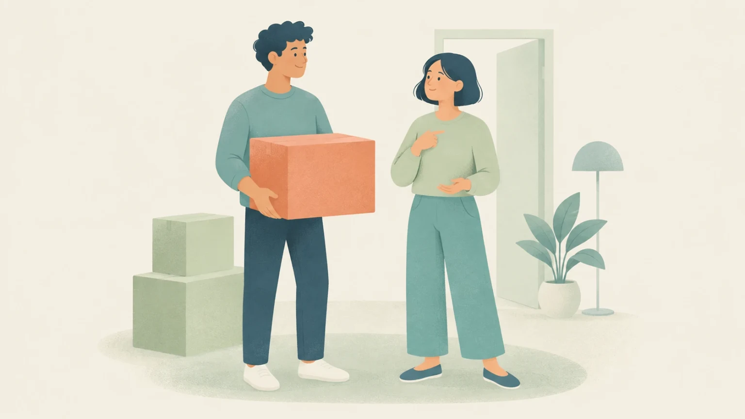 Two people converse during a move, one holding an orange box beside stacked boxes, with an open doorway, a plant, and a floor lamp behind them.