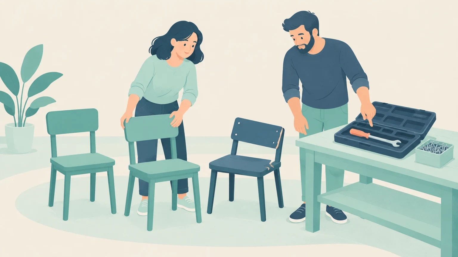A woman arranges wooden chairs while a man inspects an open, mostly empty toolbox on a workbench during room setup for a repair session.