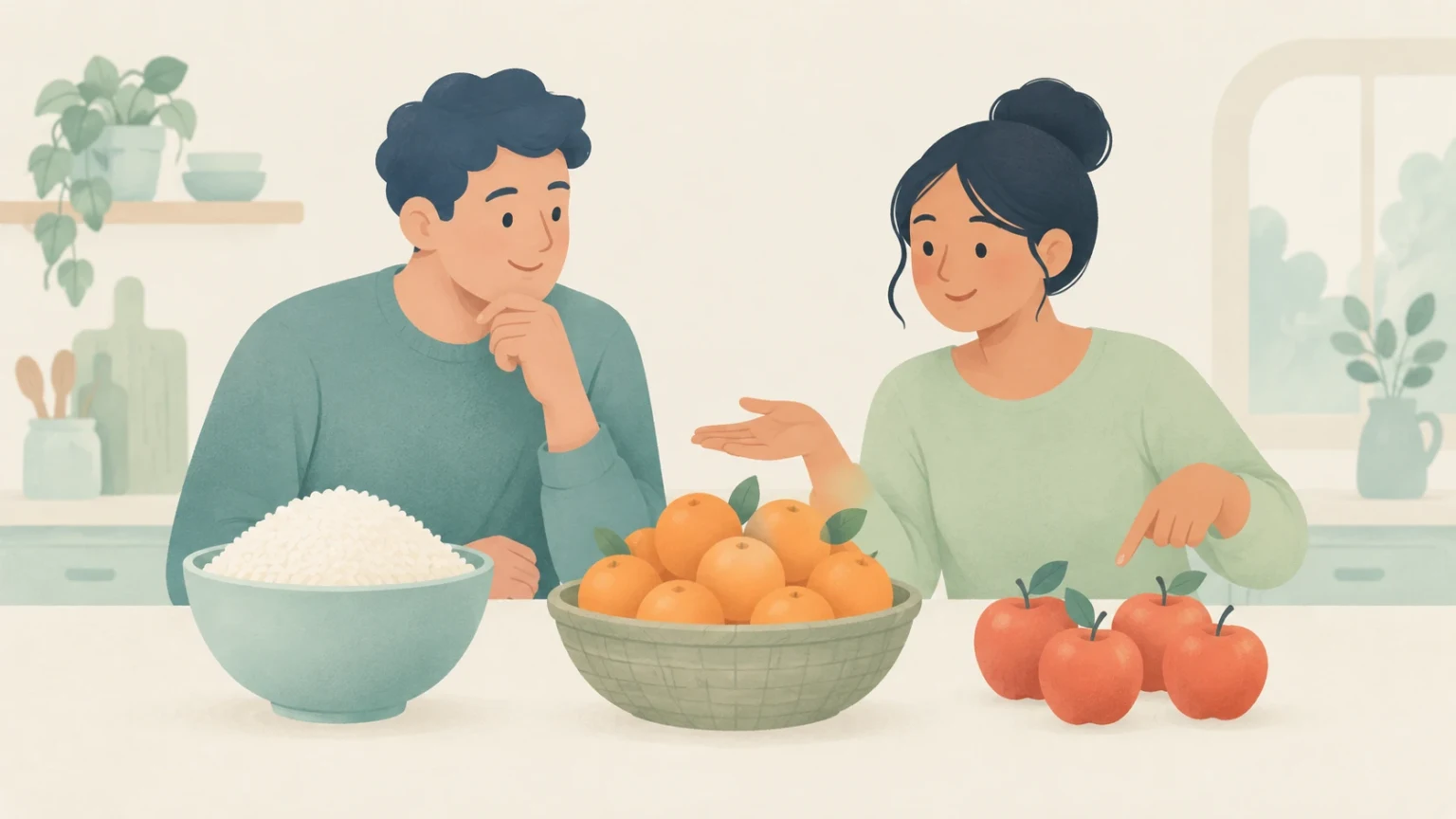 Two people at a kitchen counter with a large bowl of rice, a basket of many oranges, and four apples, illustrating amounts and countable quantities.