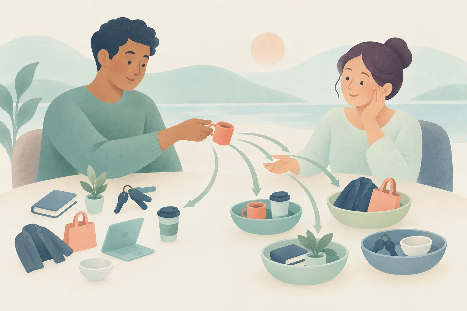 Two people exchange a cup across a table of jackets, bags, books, keys, and plants, with curved arrows suggesting taking and sorting items.