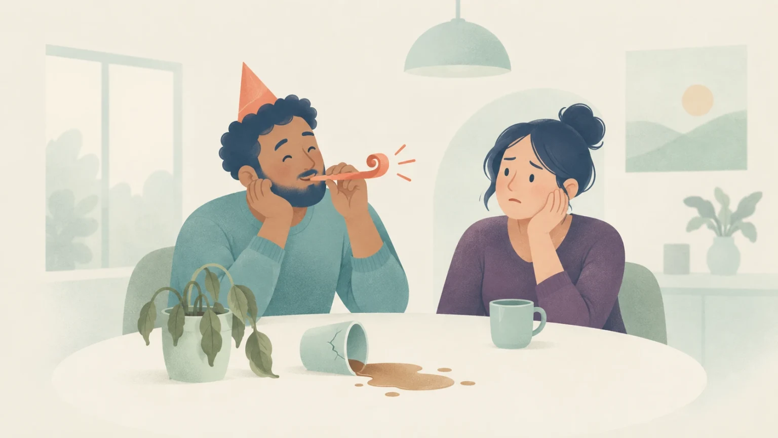 A man wearing a party hat blows a party horn while a worried woman sits beside him at a table with a wilted plant, cracked tipped cup, and spilled drink.