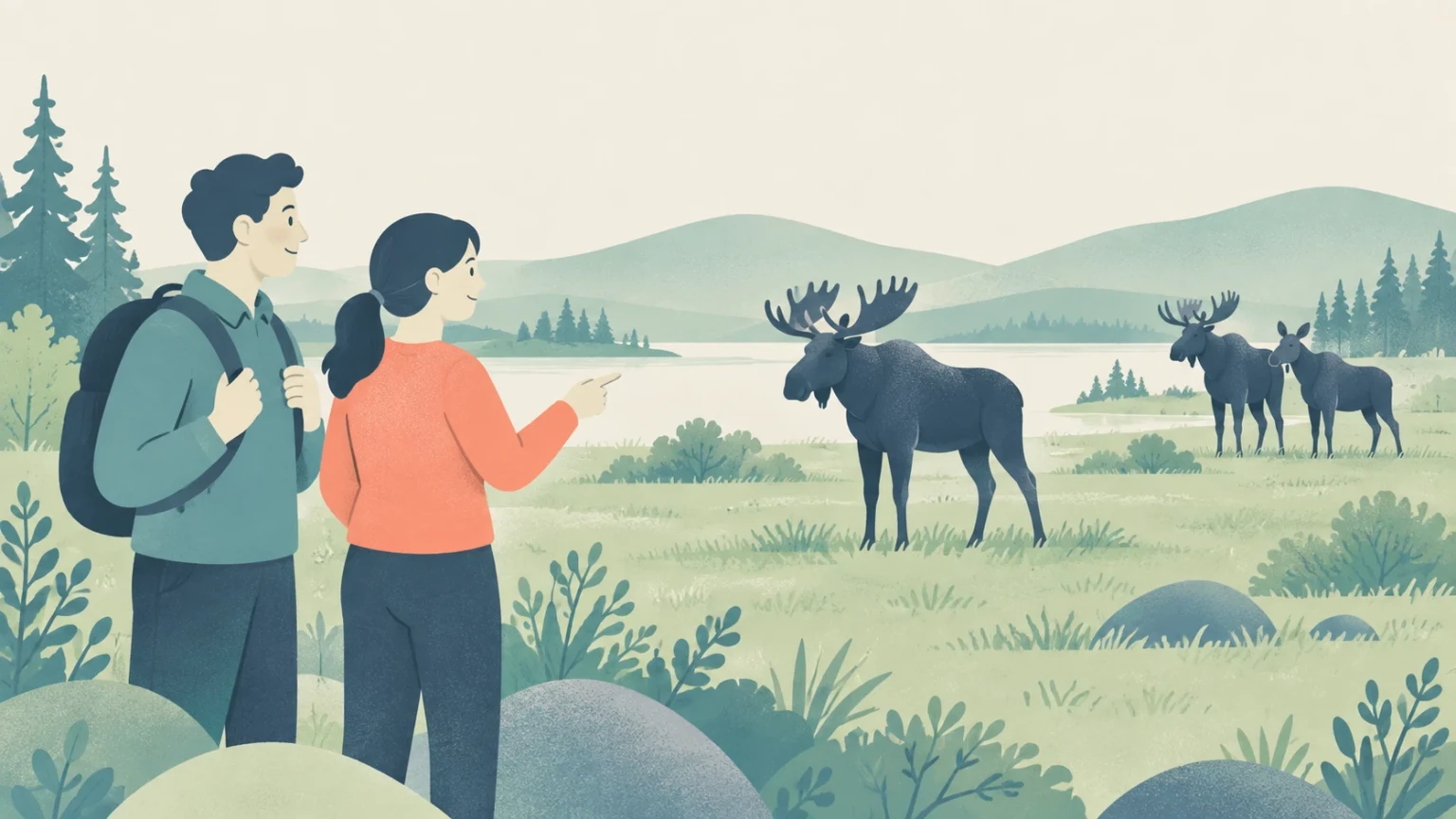 Two hikers observe three moose, one in the foreground and two farther away, beside a lake surrounded by evergreen trees and rolling hills.