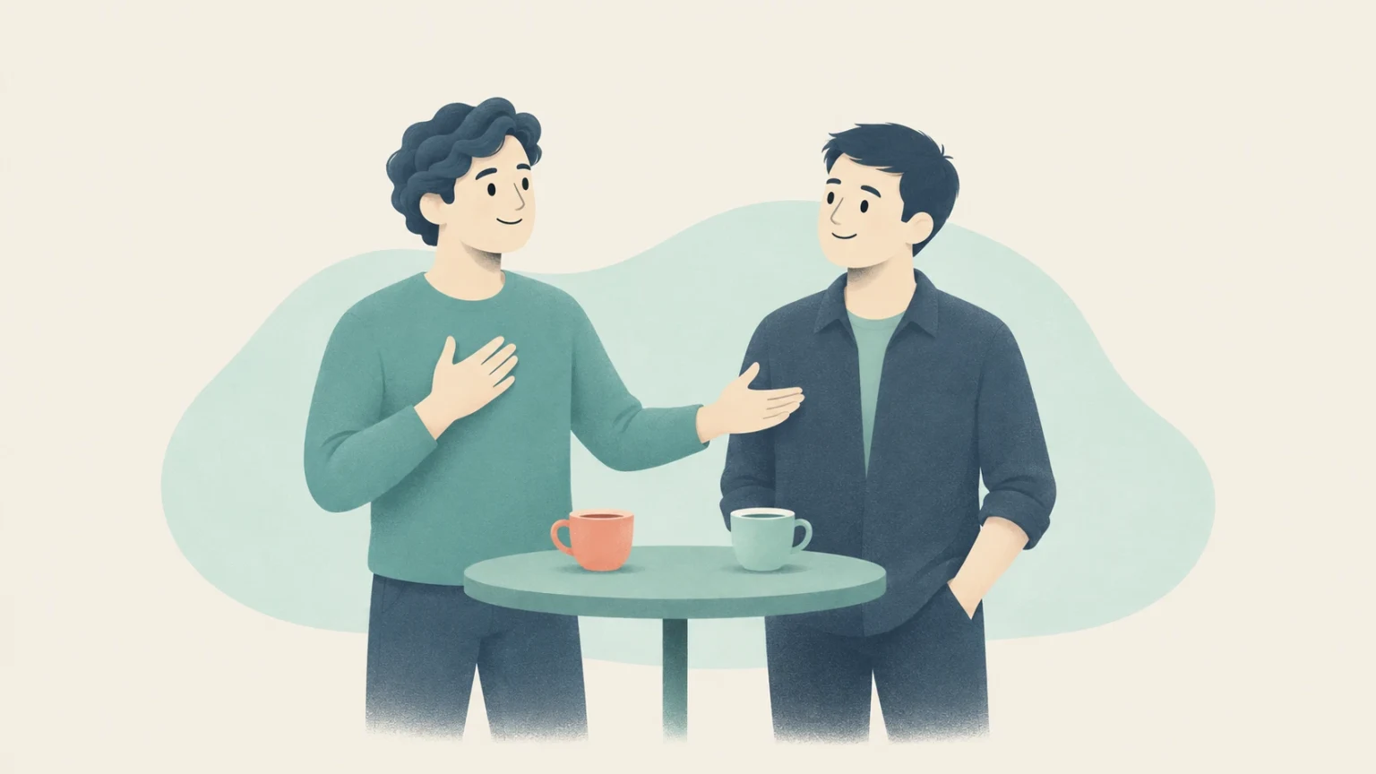 Two men stand beside a round table with two mugs, one gesturing toward himself and the other man, in a soft pastel editorial illustration.