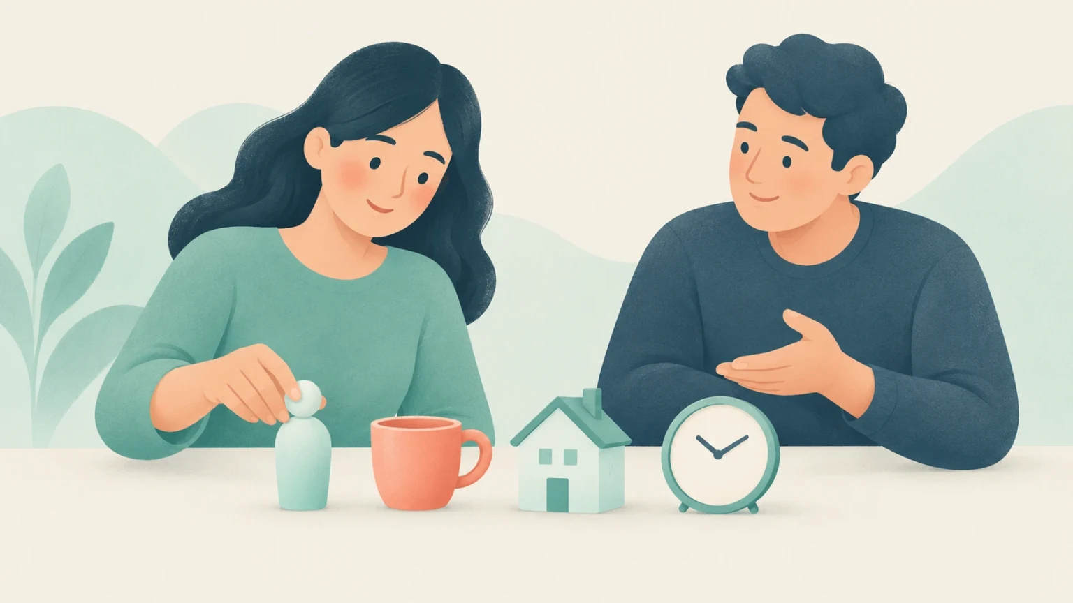 An editorial illustration of a woman and a man sitting at a table with miniature symbols representing a person, an object, a place, and time.