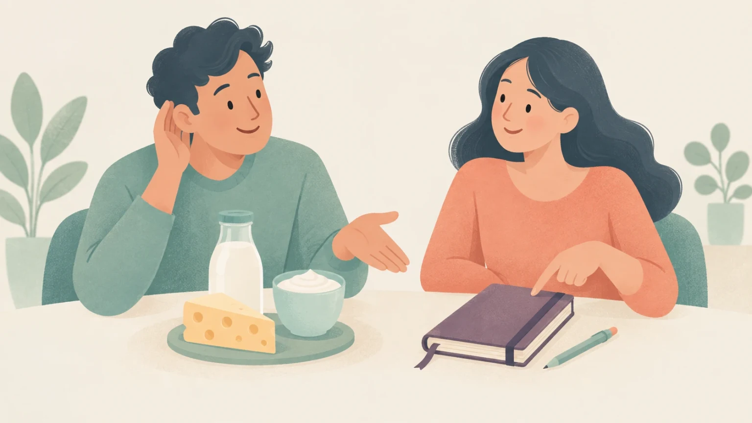 Two people sit at a table with milk, cheese, and a bowl of cream; one cups an ear while the other points to a closed notebook beside a pencil.