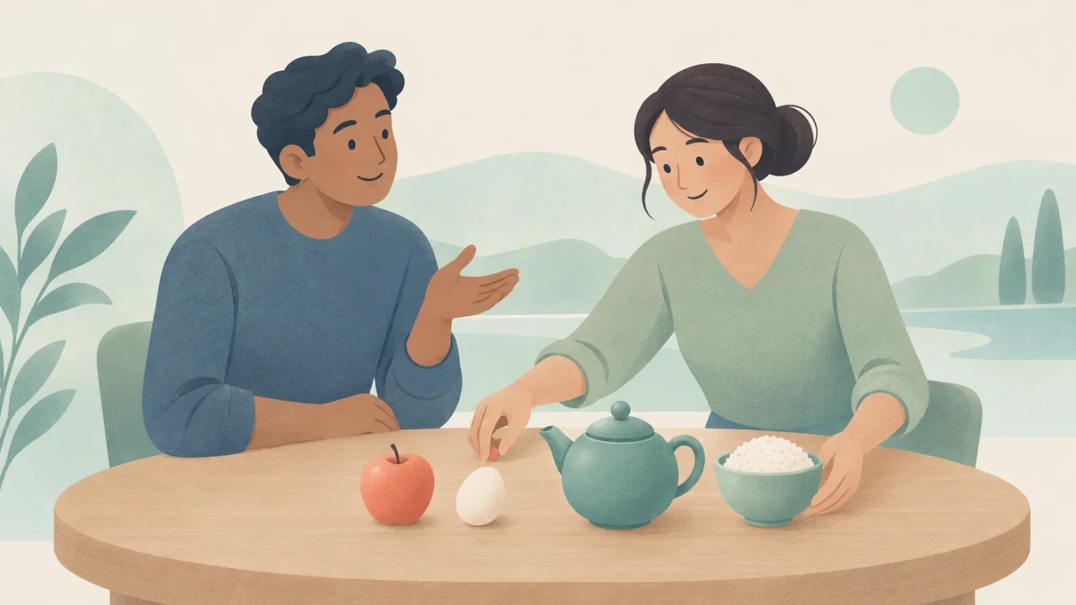 Two people sit at a wooden table with an apple, an egg, a teapot, and a bowl of rice, gesturing toward the everyday objects.