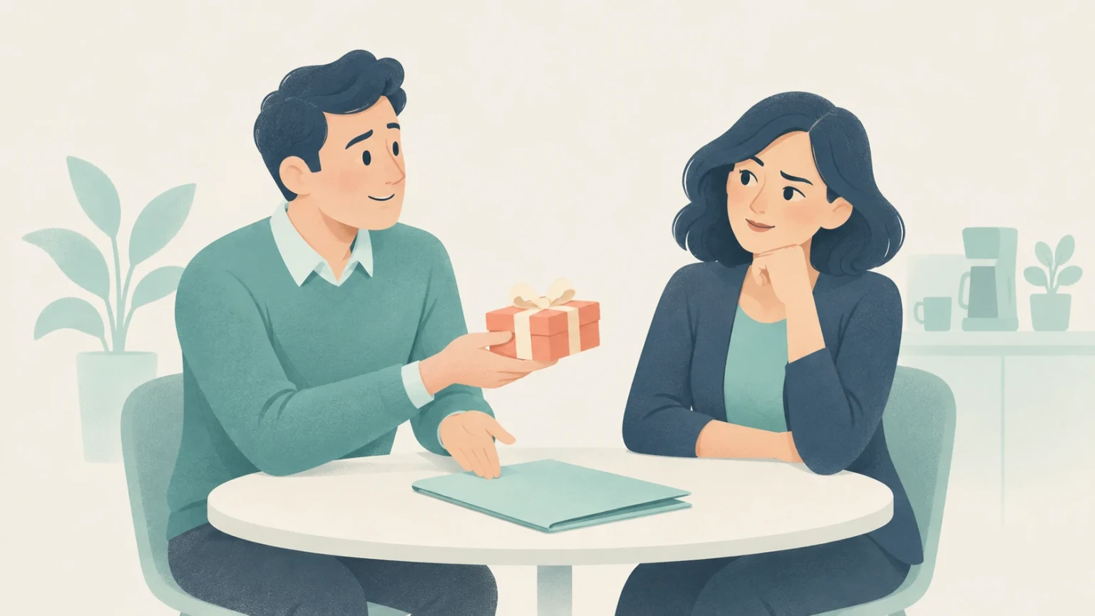 A smiling man offers a wrapped gift to a woman who rests her chin on her hand and gives him a doubtful look across a table.