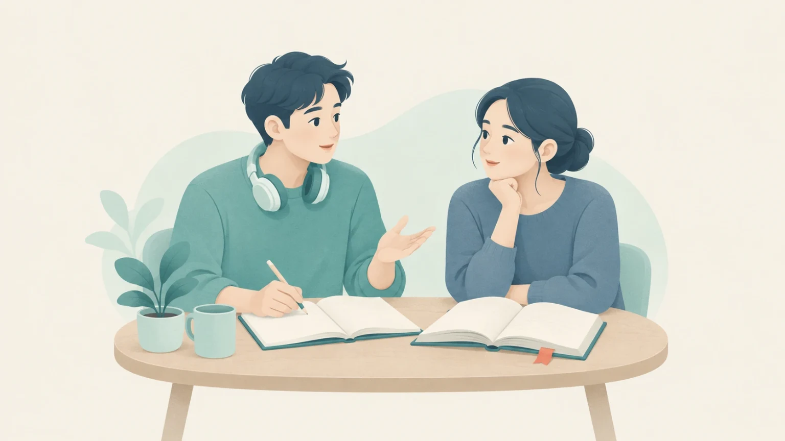 Two students discuss open books at a table; one takes notes and wears headphones around his neck while the other listens attentively.