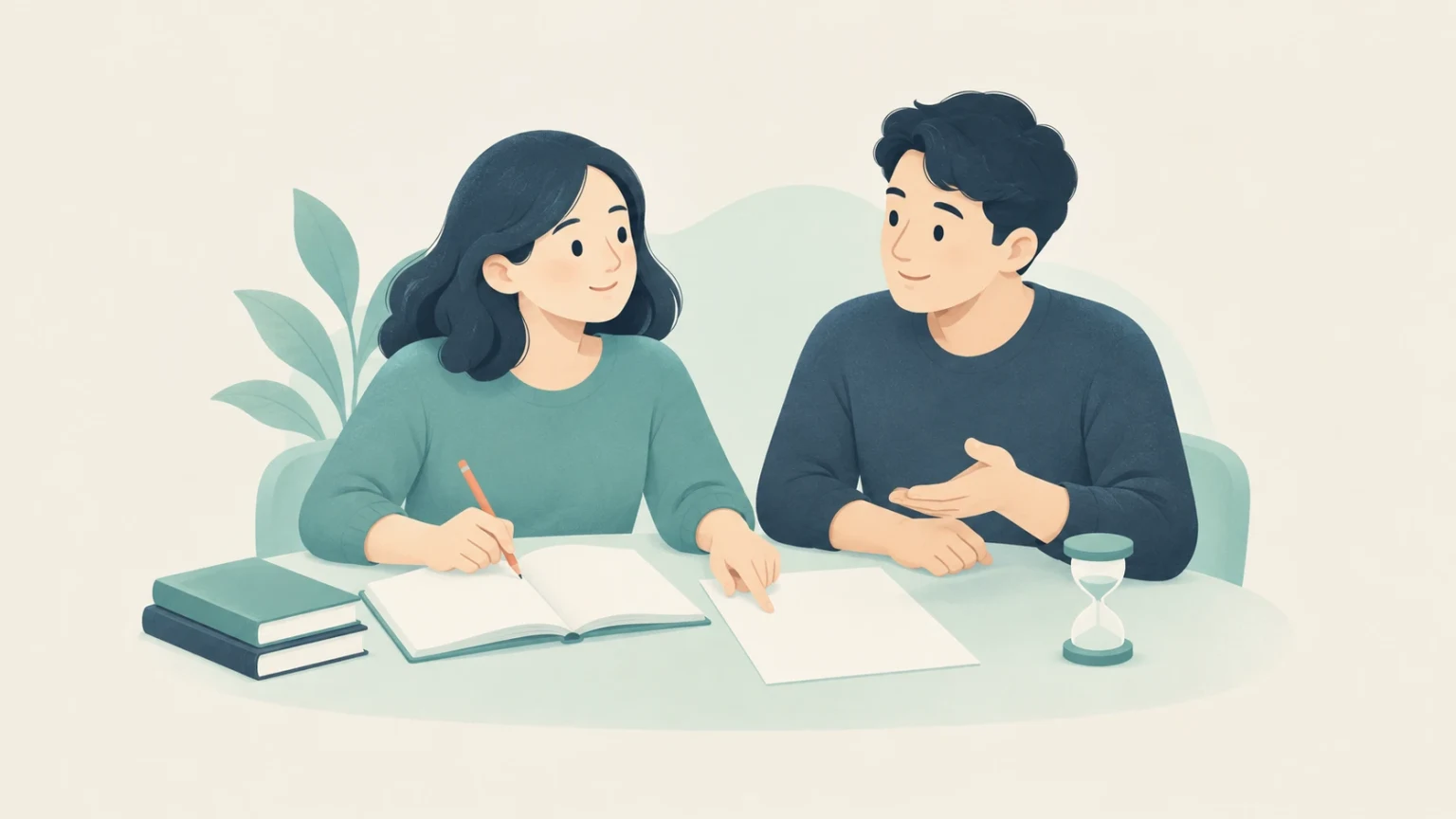 Two people discuss homework at a table with an open notebook, pencil, books, a blank sheet of paper, and an hourglass.