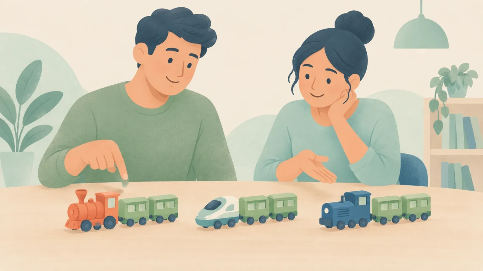 Two people arrange three toy trains whose engines differ while their green carriages stay the same.