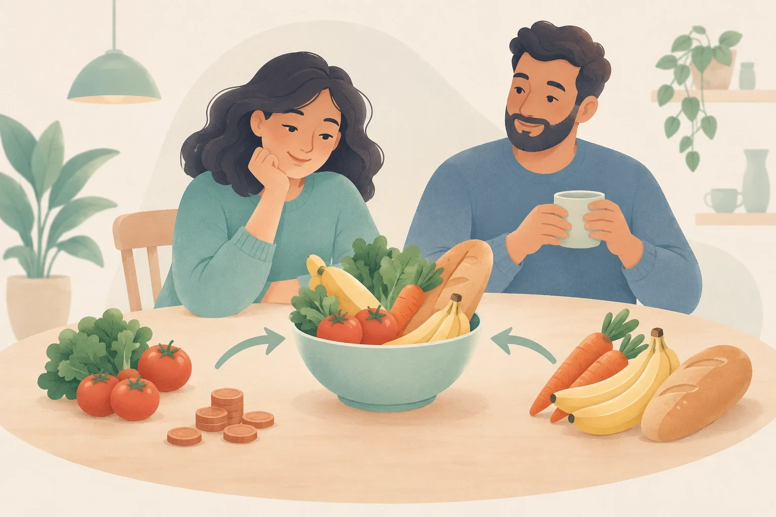 Two people sit at a table with groceries and coins, while arrows point from separate groups of food toward a shared bowl.