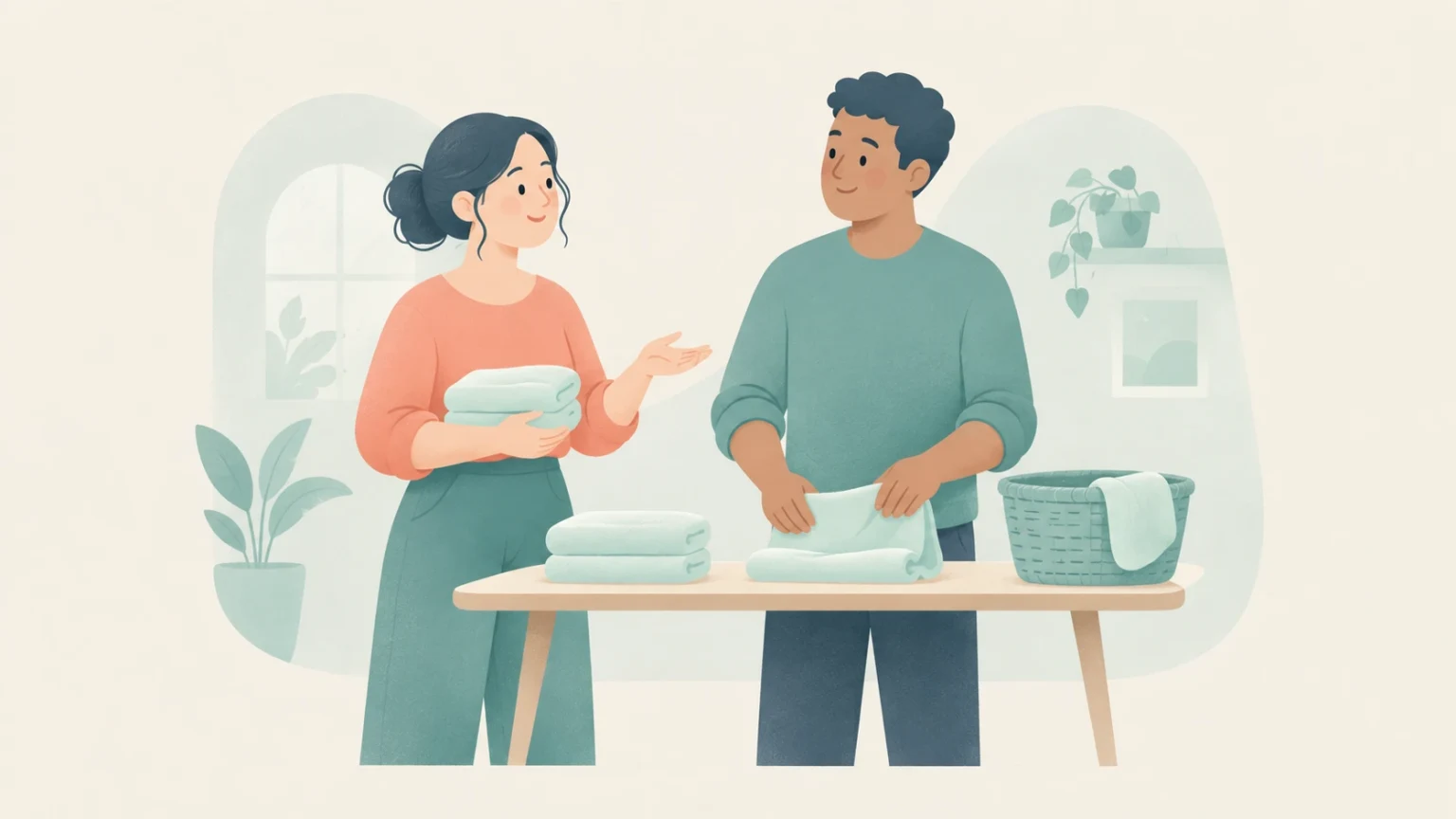 A woman holding folded towels talks with a man folding laundry at a table beside a basket, illustrating shared homemaking tasks.