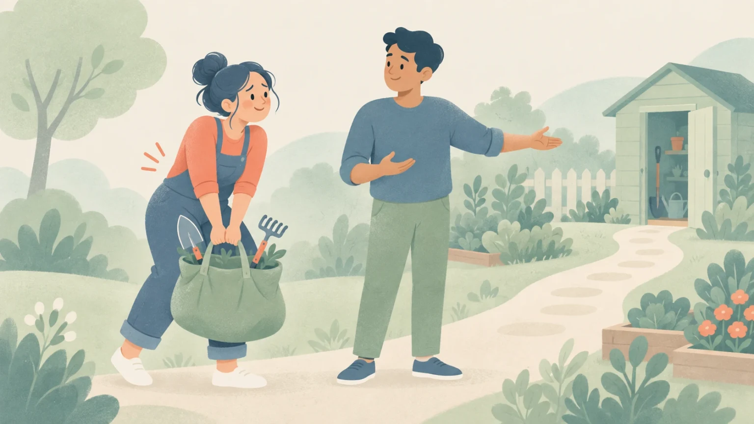 A woman strains to lift a bag holding two garden tools while a man gestures toward an open garden shed beside a winding path.