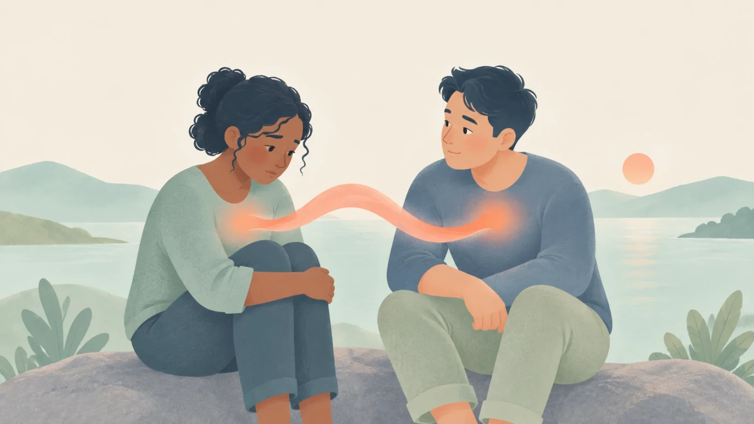 Two people sit on a rock beside a lake, one looking down while the other looks toward them, with a glowing orange ribbon connecting their chests.