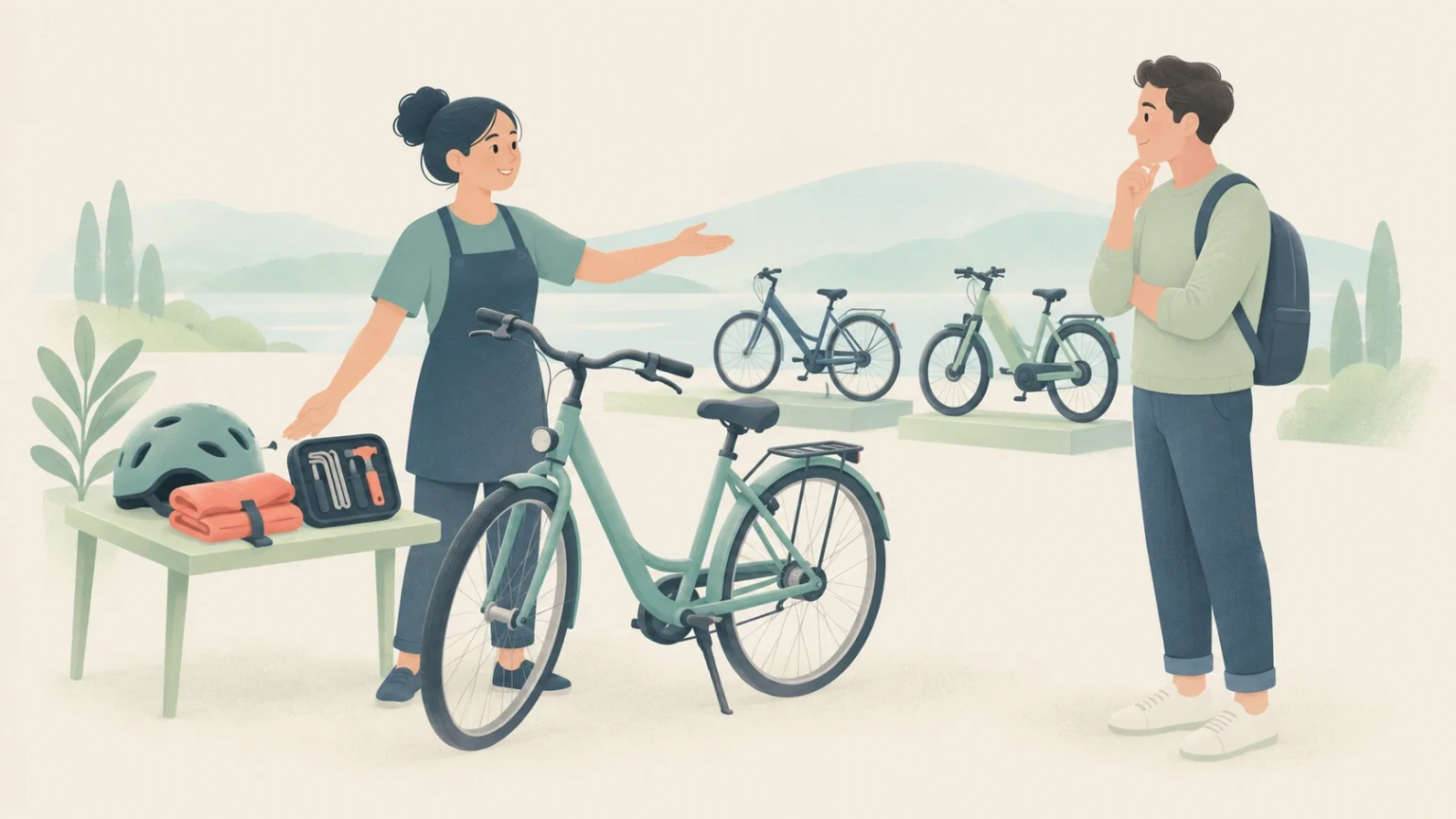 An attendant presents a mint-green bicycle to a customer at a bike-hire station, with a helmet and repair tools on a nearby table.