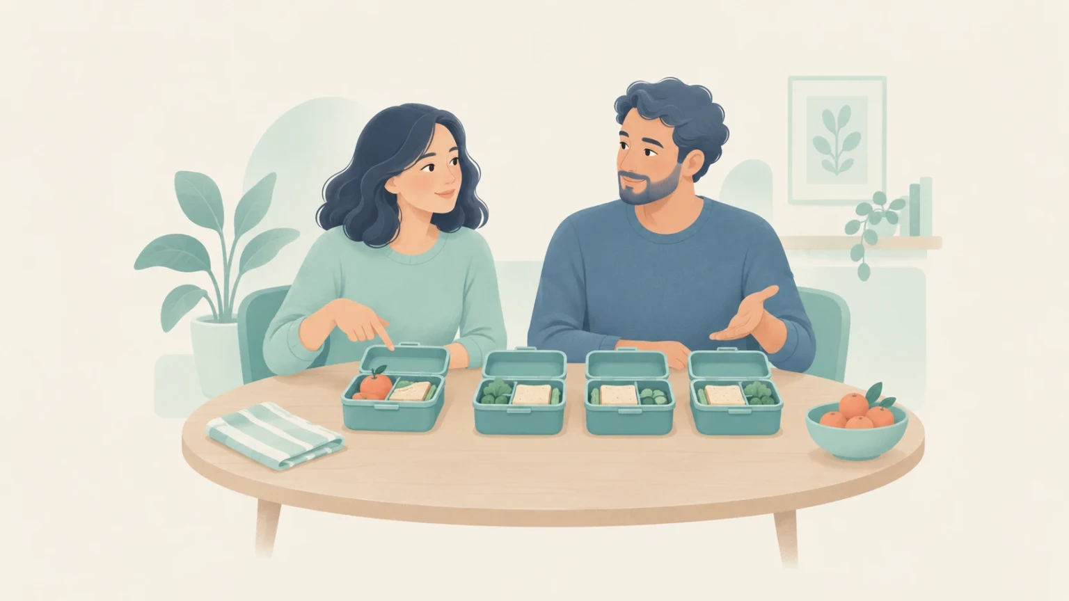 Two people sit at a table with four open lunch boxes, one pointing to an individual box, illustrating individual items within a group.