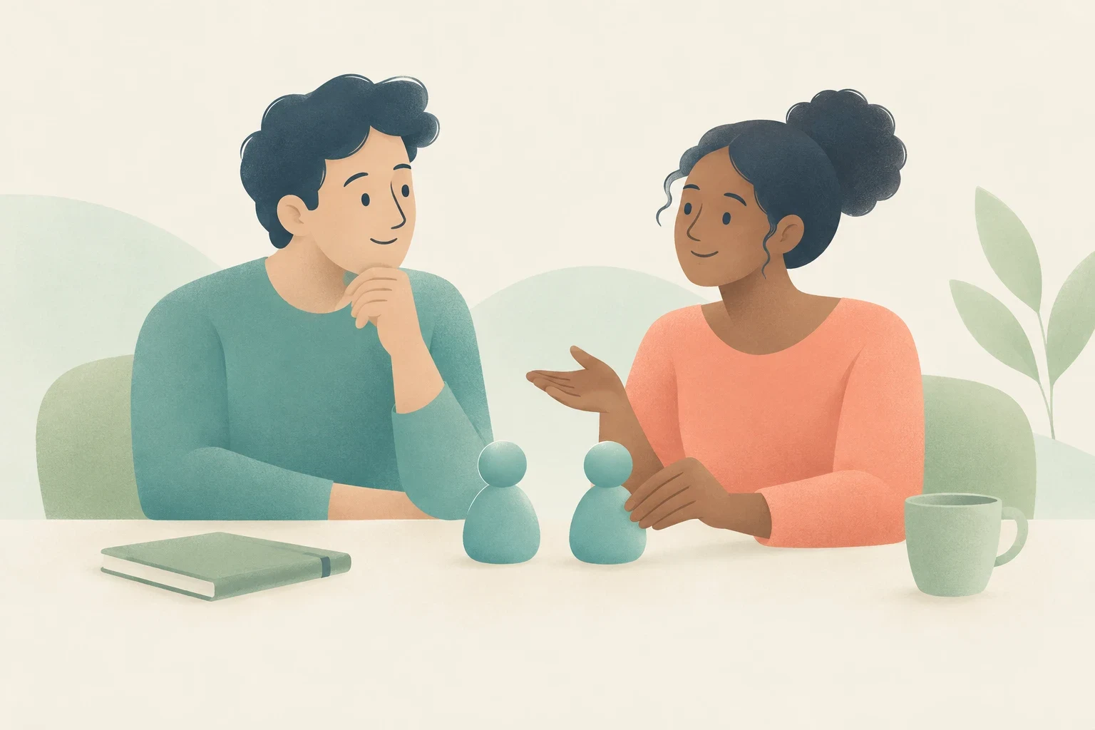 Two people converse at a table with a closed book, two teal person-shaped figures, and a green mug in a softly textured pastel illustration.