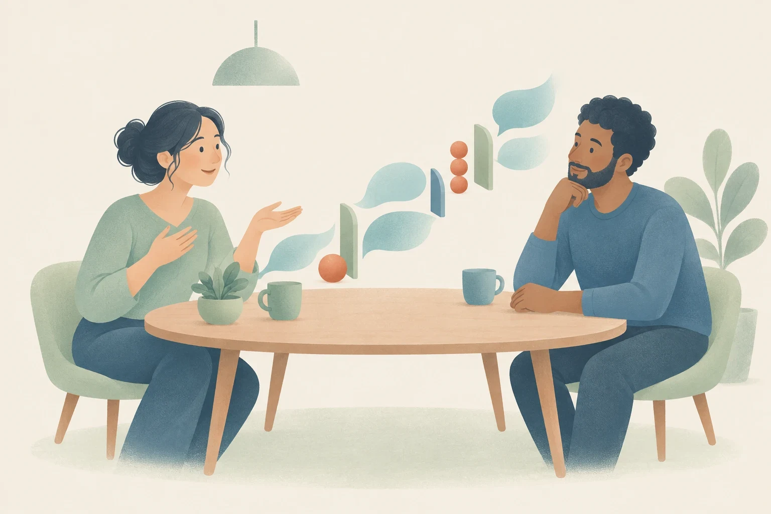 Editorial illustration of a woman and a man conversing across a round table, with abstract speech bubbles and punctuation-like shapes floating between them.