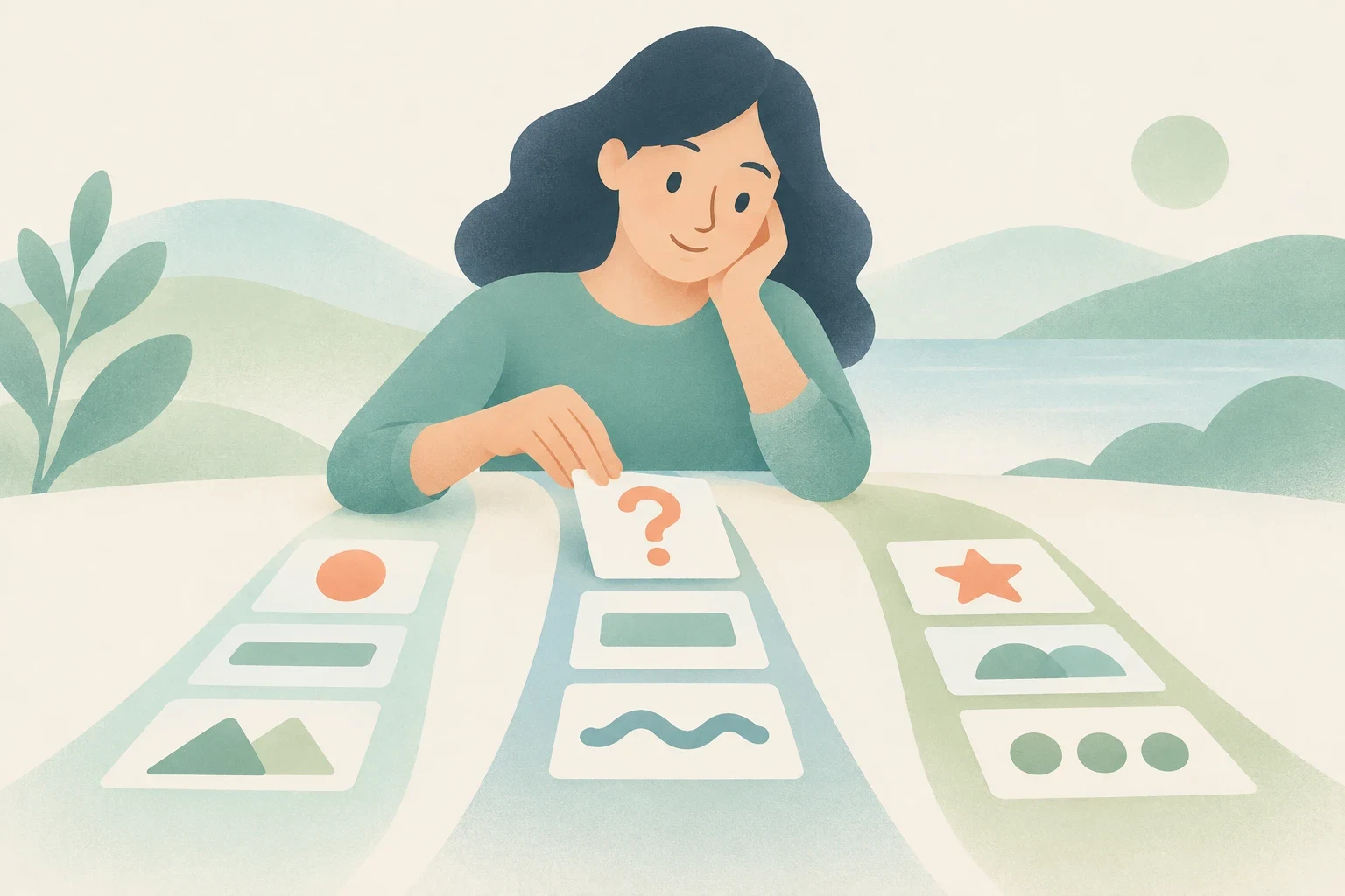 An editorial illustration of a thoughtful woman at a table choosing cards along three paths, selecting one with a question mark.
