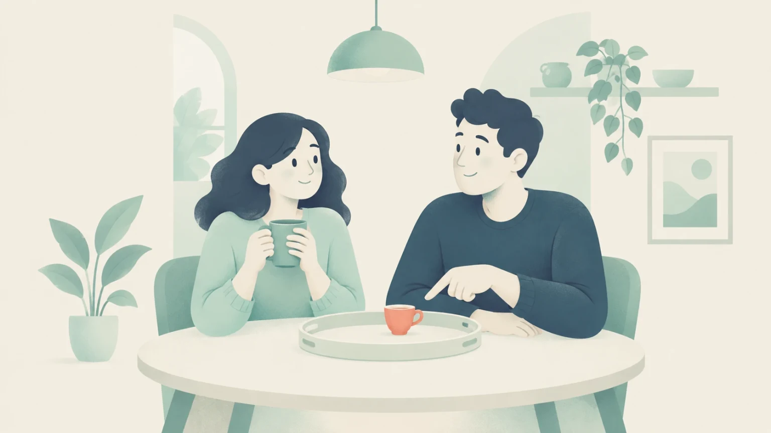 A man and a woman sit at a round table, the man pointing toward a single teacup on a serving tray while the woman holds a mug.