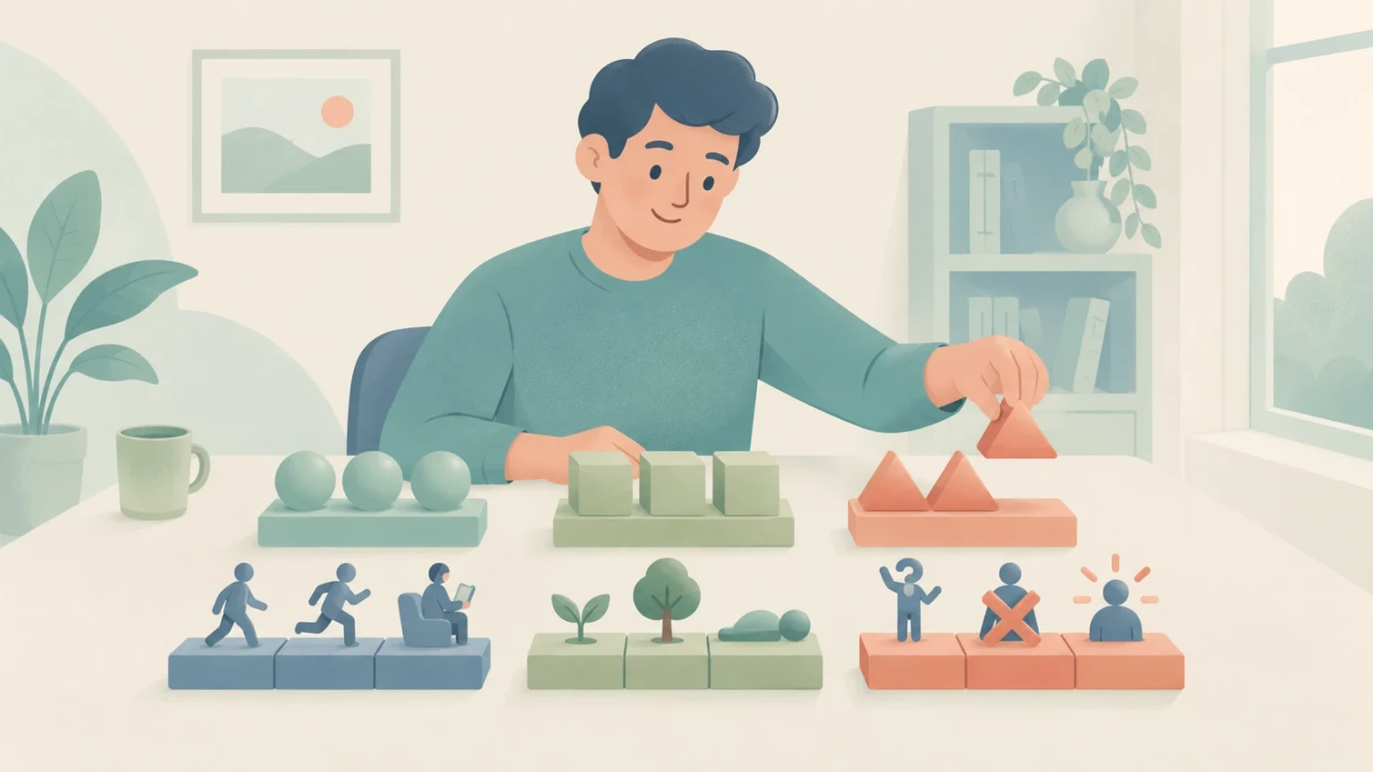 An editorial illustration of a person at a desk arranging color-coded geometric blocks and pictograms representing different auxiliary verb structures.