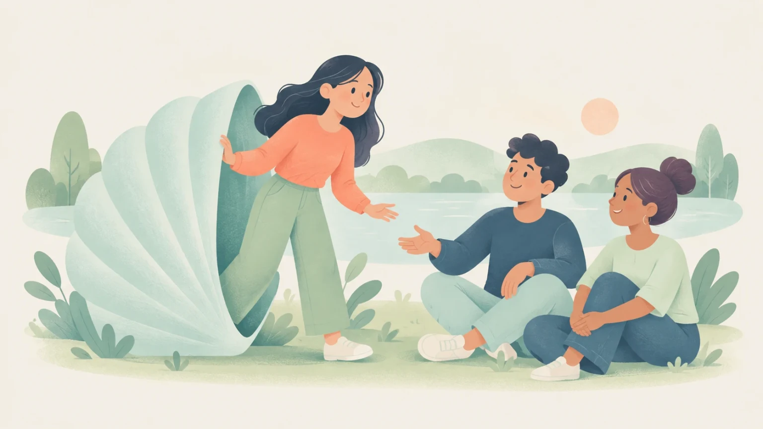 A woman steps out of a large symbolic shell and reaches toward two smiling friends seated beside a lake, illustrating growing social confidence.
