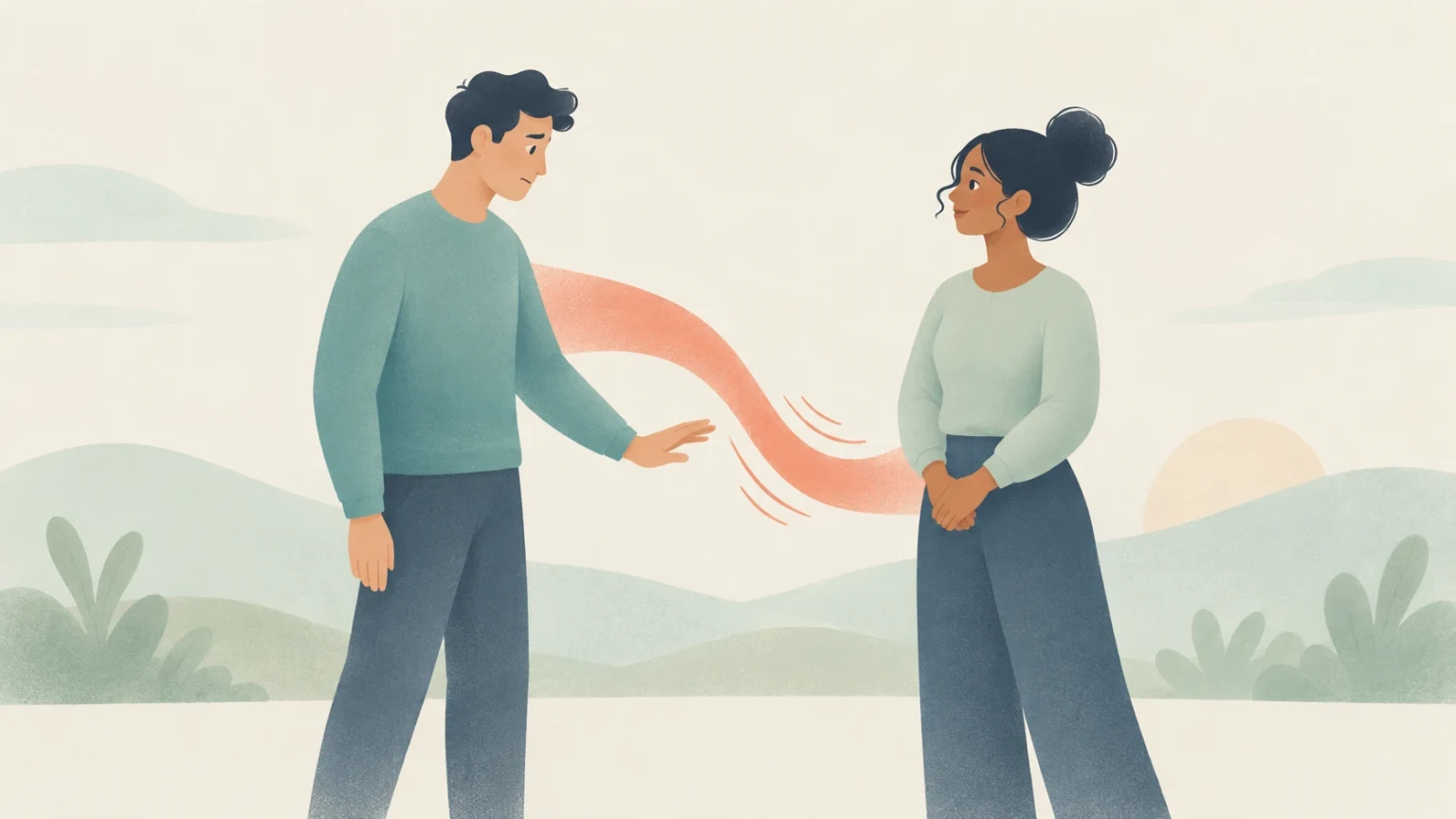 A man lowers his outstretched hand in a calm gesture of giving way while a woman listens quietly.