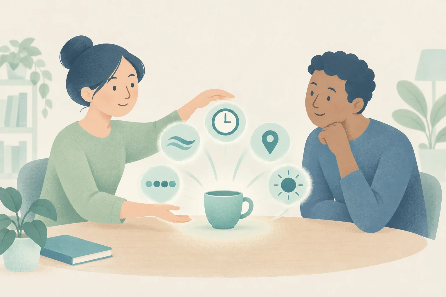 Editorial illustration of a man and woman at a table discussing glowing icons that represent adverbs of time, place, manner, degree, and frequency.