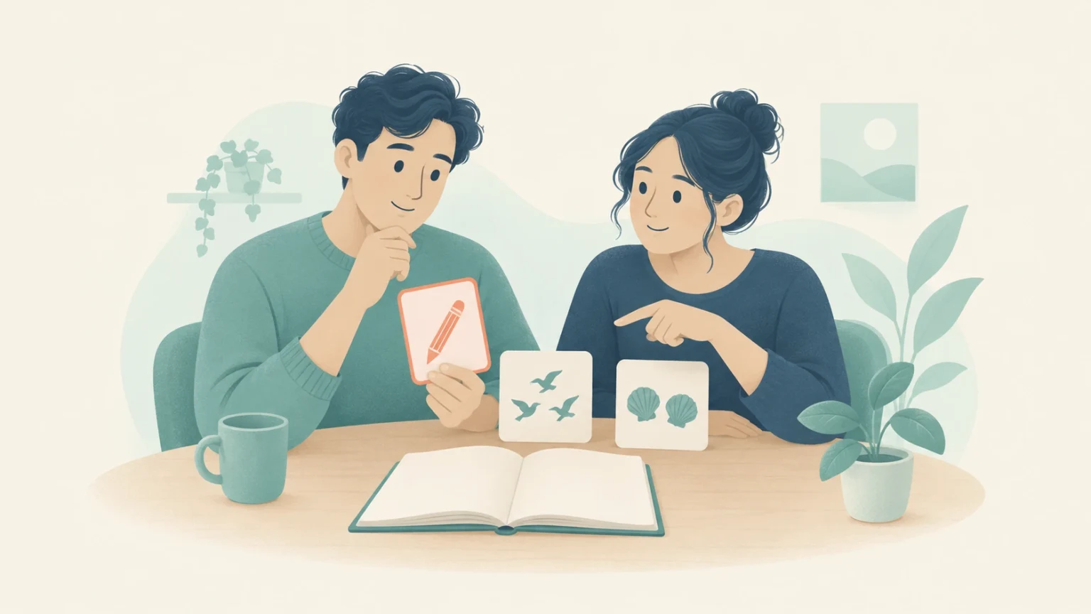 Two people choose among illustrated practice cards showing a pencil, birds, and shells at a table with an open book, a mug, and a potted plant.