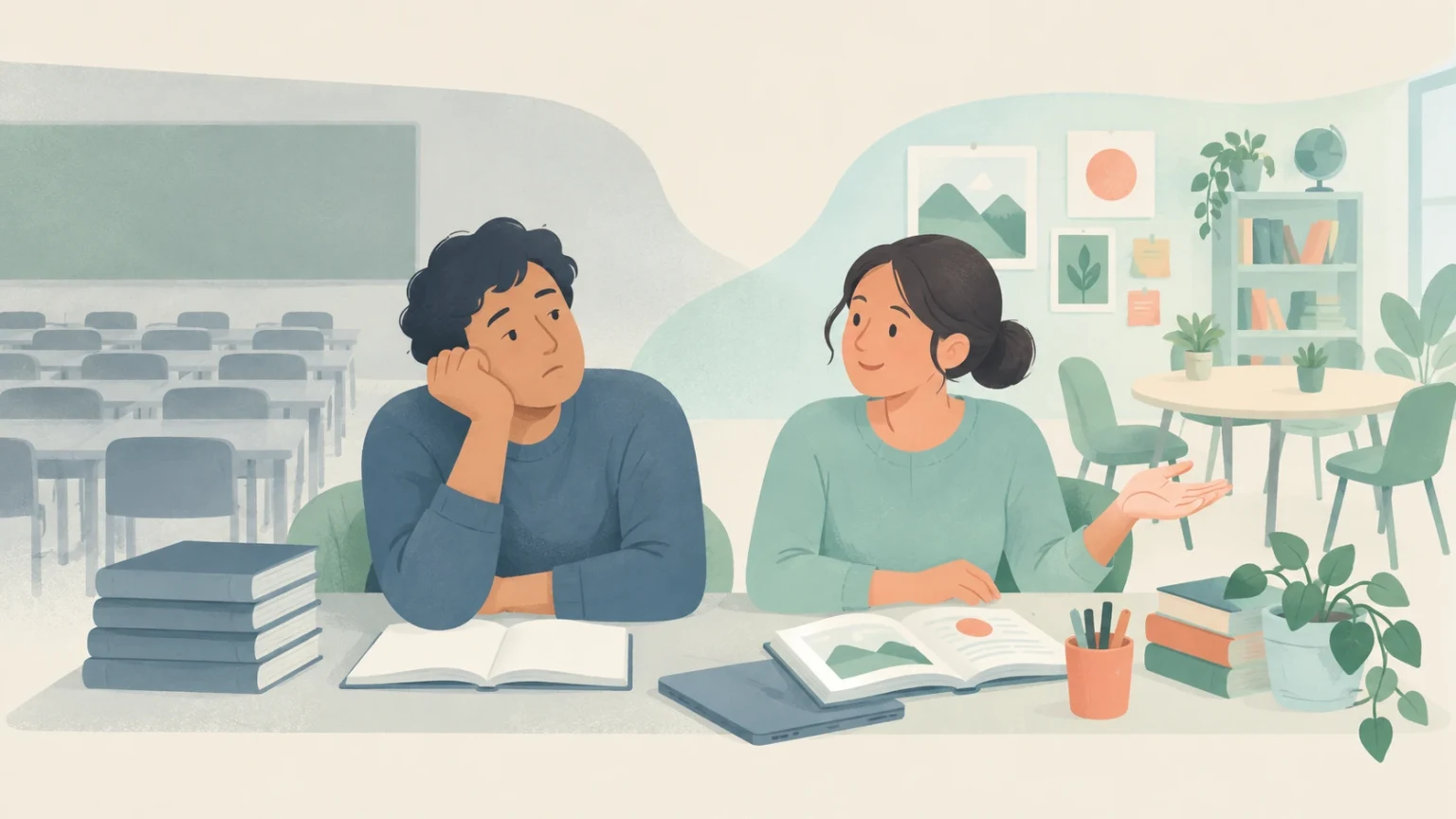 A bored student rests his head on his hand while a woman gestures encouragingly beside him, with open books and classroom furniture nearby.