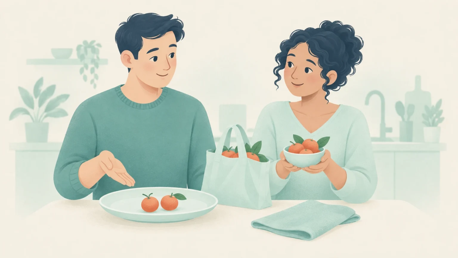 A man gestures toward two oranges on a plate while a woman holds a bowl of oranges near a grocery bag in a kitchen.