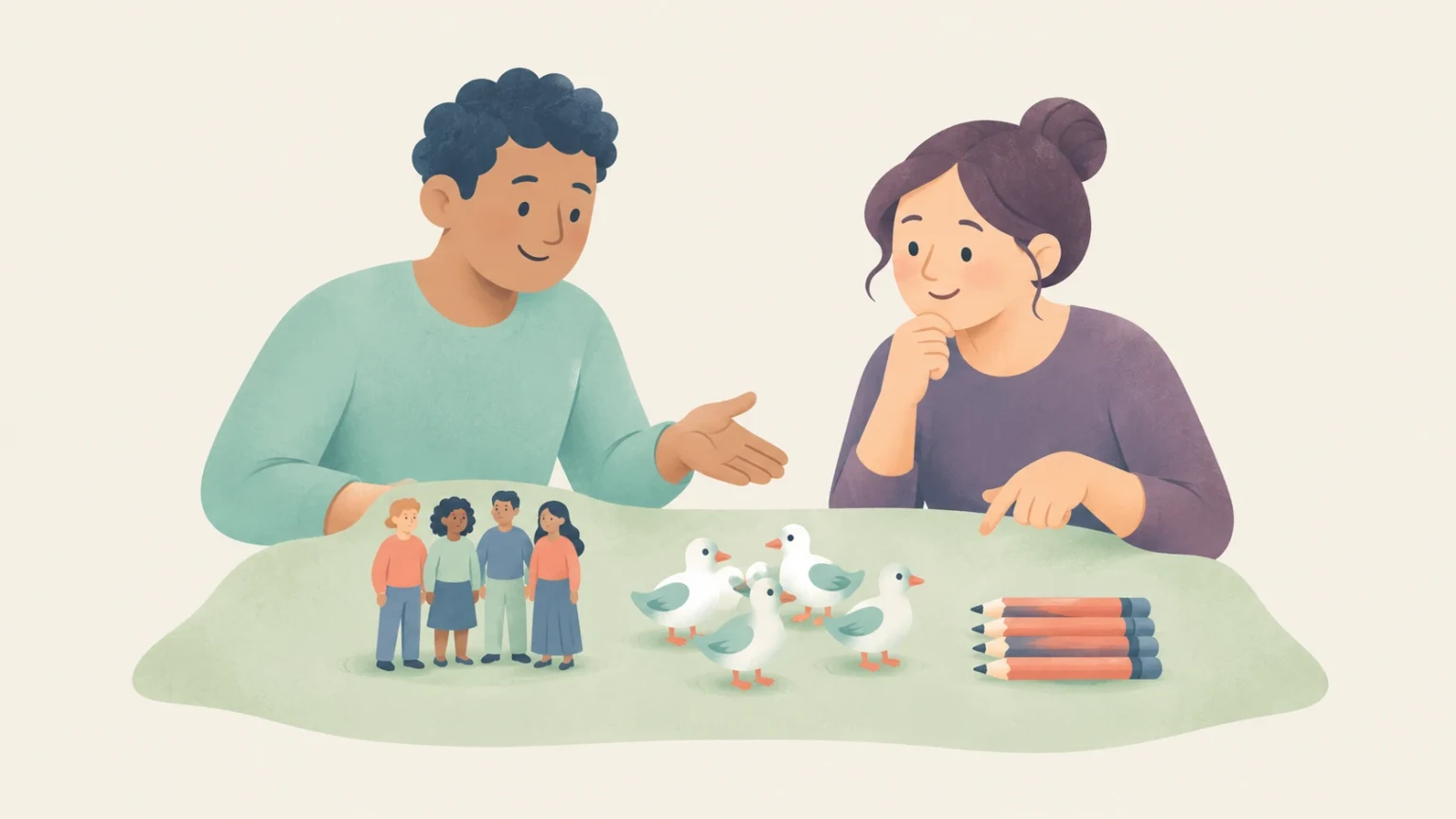 An editorial illustration of two people at a table observing three distinct groups: a team of diverse people, a flock of ducks, and a set of pencils.