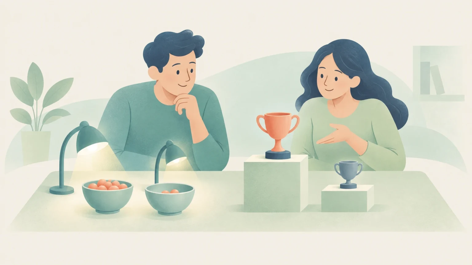 Two people compare bowls holding different amounts of orange fruit under lamps and a large orange trophy on a tall pedestal beside a smaller blue trophy.