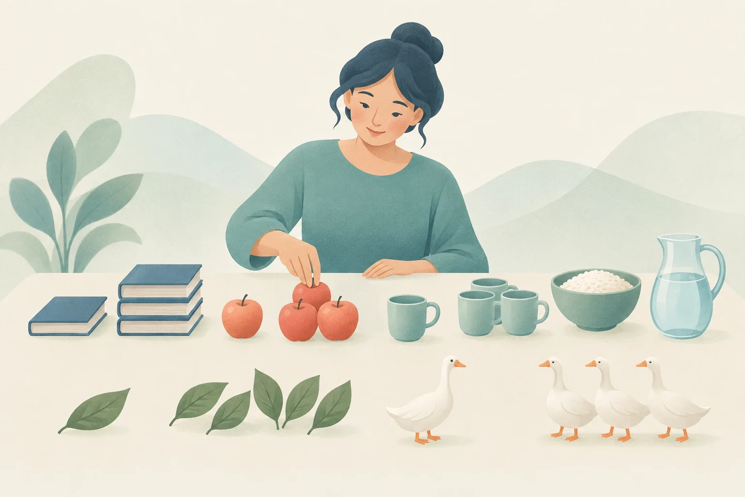 An editorial illustration of a woman at a table with items illustrating English nouns: one book and three books, apples, mugs, leaves, geese, a bowl of rice, and a pitcher of water.