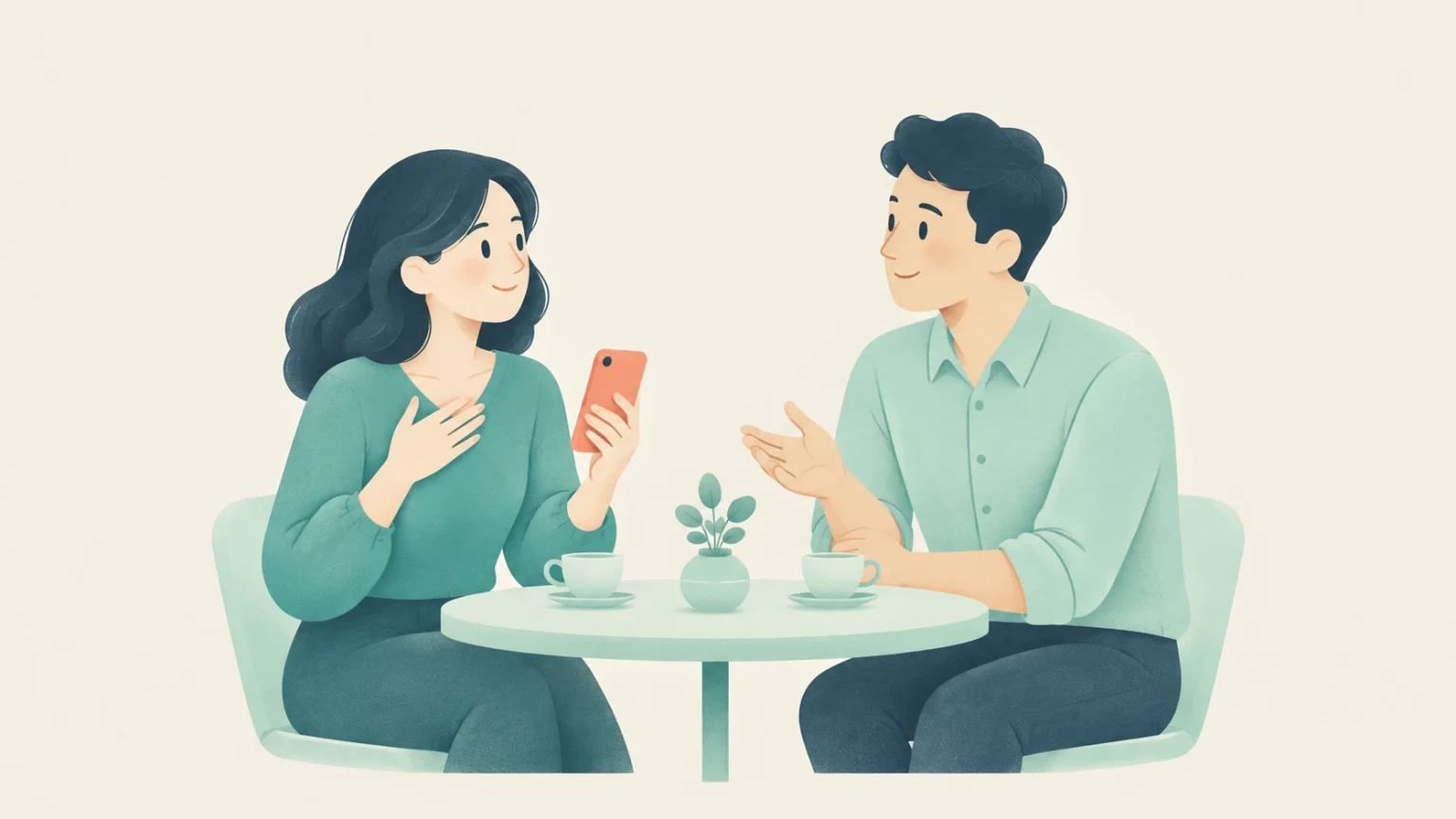 An editorial illustration of a woman holding a smartphone and a man gesturing in conversation across a small cafe table with coffee cups.