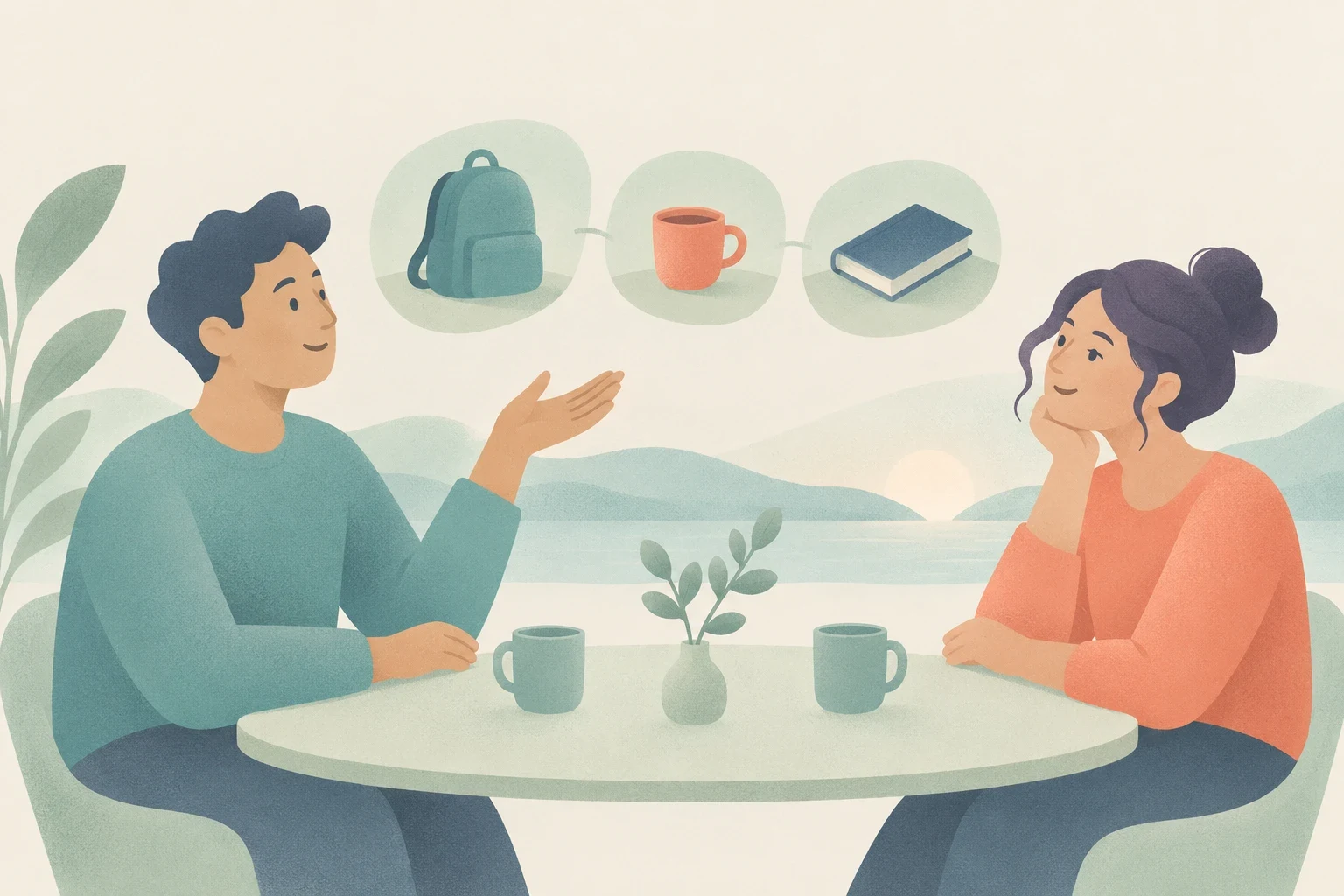 An editorial illustration of a man and a woman sitting at a table with cups, talking about a sequence of events shown in thought bubbles above.