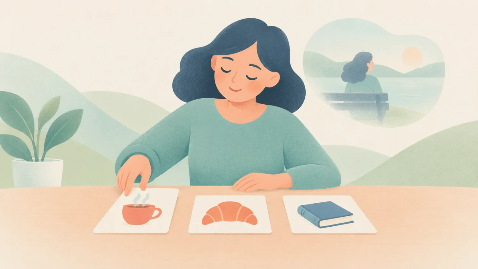 Editorial illustration of a woman at a table sequencing cards of a steaming mug, croissant, and book, with a thought bubble of sitting by a lake.